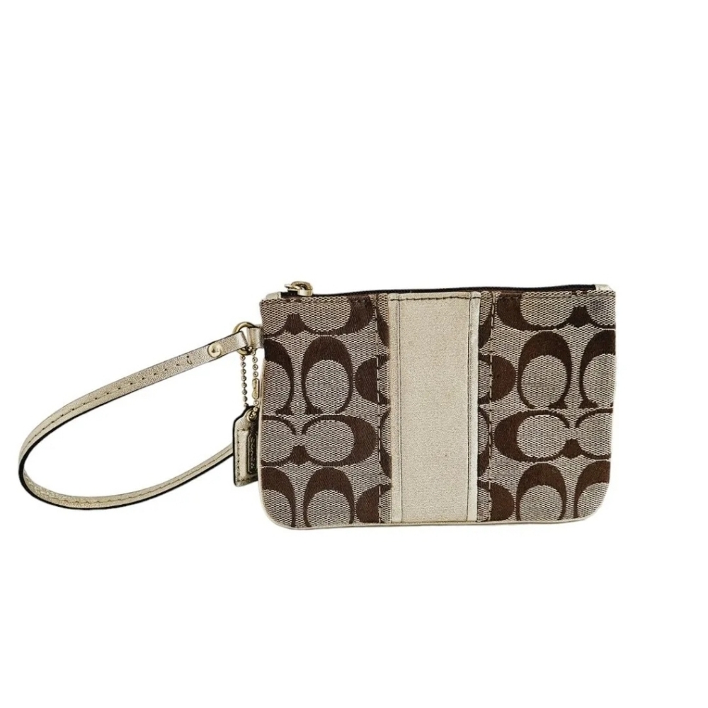 Coach Signature Mini Brown Gold Wristlet Wallet